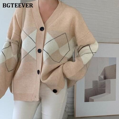BGTEEVER V-neck Thicken Loose Women Knitted Cardigans Autumn Winter Long Sleeve Single-breasted Argyle Ladies Sweaters Tops 2021