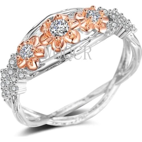 Fashion Design Two-Tone Flower Ring with Micro Paved Cubic Zircon Flowers Ring For Women Wedding Engagement Party Ring