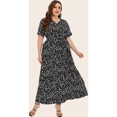 2021 Woman Summer Casual Dress Plus Size 5XL V Neck Short Sleeve Dot Print Long Dresses Black Loose Maxi Dress Women Clothing