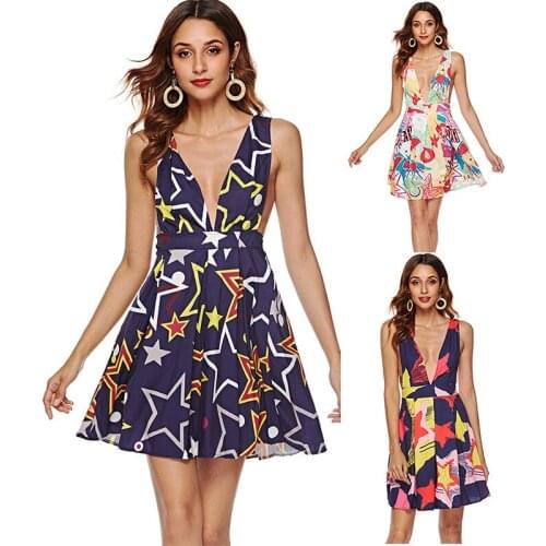2021 Spring Summer New Fashion Personality Printing Deep V-neck Sleeveless Skirt Sexy A-type Beach Women Dress