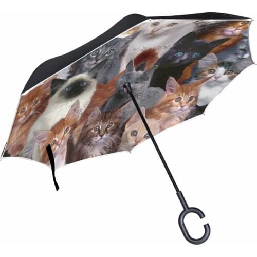 Lovely Cat Family Print Windproof Reverse Umbrella Double Layer Inverted Umbrella Self Stand Car Umbrella Rain Women Men
