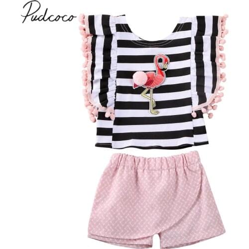 2020 Baby Summer Clothing Baby Kids Girl Flamingo Print Stripe Tassel Sleeve Shirt Tops+Shorts Pants 2Pcs Outfit Clothes Set