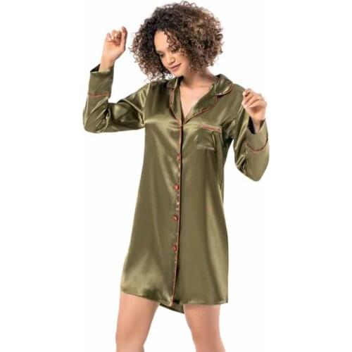 2021 Winter Spring Woman 100% Satin Long sleeve thin Dress Nightgown Green Grey White Blue Orange Red Made in TURKEY