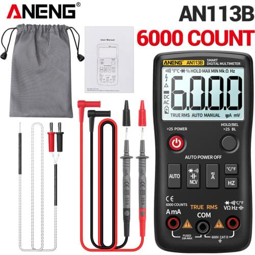 ANENG AN113B Digital Multimeter True RMS with Temperature Tester 6000 Counts Auto-Ranging AC/DC Transistor Voltage Meter