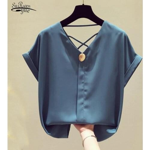 Summer Korean Solid V-neck Chiffon Blouse Women Blusas Mujer De Moda 2021 Short Sleeve Shirts for Women OL Clothes Blusa 9306 50
