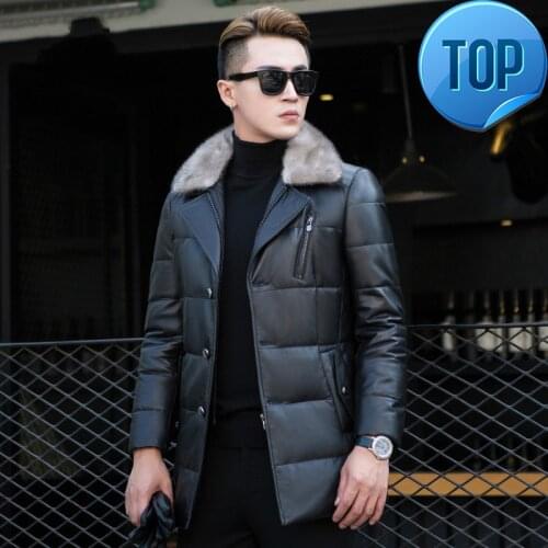 Leather Jacket Genuine Mens Down Jacket Autumn Winter Long Sheepskin Coat for Men mink fur collar jackets KJ1119
