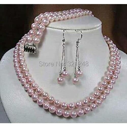 New Fashion Free Shipping Charming 2Rows 8mm Pink Imitation Shell Pearl Round Beads Necklace Bracelet Earrings Set JewelryBV92
