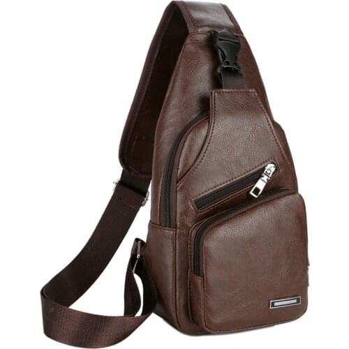 New USB Charging Men Teen Chest Pack Leather Sling Shoulder Bag Boys Portable Phone Crossbody Bag WaterProof Fashion Travel bag