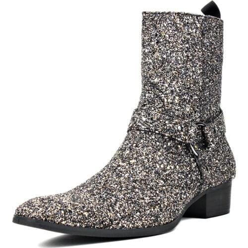 Mens Dress Boots Chukka Designer Boots Glitter Boots Men Ankle Side Zipper Boots Chelsea Boots heel boots silver footwear