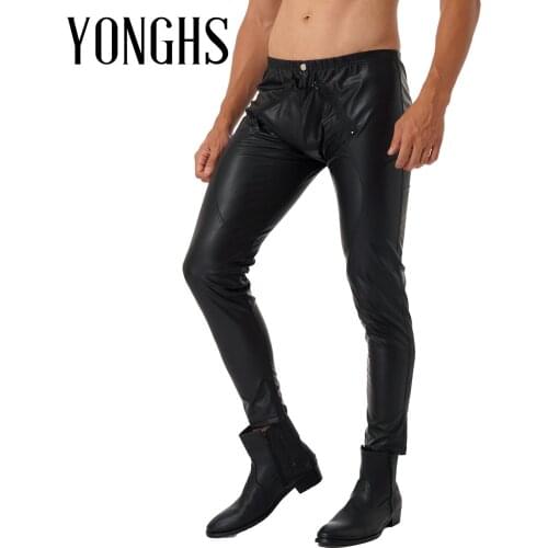 Mens Skinny Pencil Pants Faux Leather Leggings Zipper Front Trousers Stage Performance Pole Dance Leggings Rave Bar Clubwear
