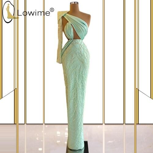 Mint Green Long Straight One Shoulder Evening Dresses Single Sleeve Luxury Pearls Robe De Soiree Formal Party Gowns for Women