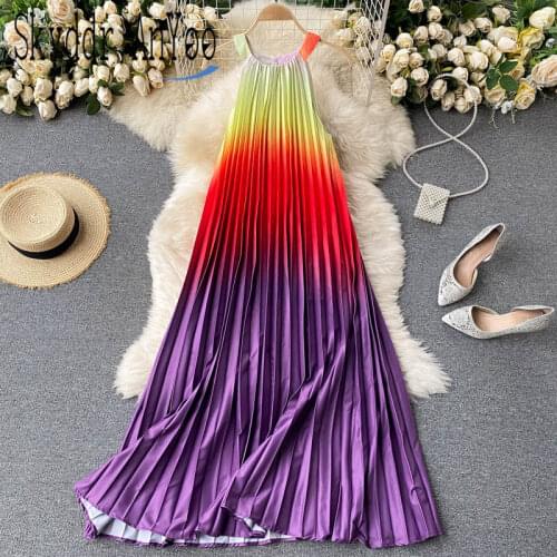 Woman Summer Dress 2021 Holiday Beach Maxi Long Dresses Rainbow Color Sleeveless Loose Casual Pleated Elegant Dress Female Robe