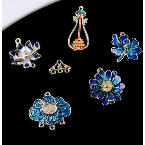 Blue Enamel Lotus Charms Pendants 10pcs Chinese Flowers Connector for Jewelry Making Accessories Findings Flatback Button