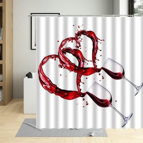 Romantic Heart Shaped Red Wine Glass Shower Curtain Modern Simplicity Couple Goblet Rose Bathroom Decor Curtains With Hooks