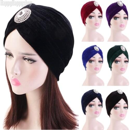 Luxury Jewelry Drill Velvet Turban India Cap Women Hair Loss Caps Chemo Hat Muslim Headwear Islamic Bandanas Headwrap Beanies