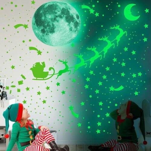 Christmas Glowing Wall Stickers Merry Christmas Santa Claus Reindeer Star Moon Luminous Wall Sticker Glow in The Dark Wall Decal