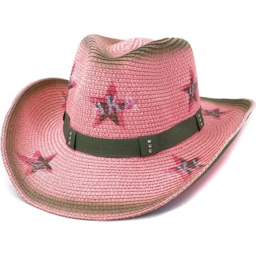 Pink Straw Cowboy Hat USA American Western Texas Style Vintage Unisex Travel Beach Sunhat Women Stylish Sun hats