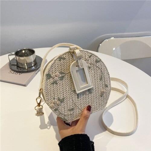 Fashion Straw Shoulder Messenger Bags for Women Woven Bucket Bag 2021 Female Sweet Handbag Floral Embroidery Small Round Clutch