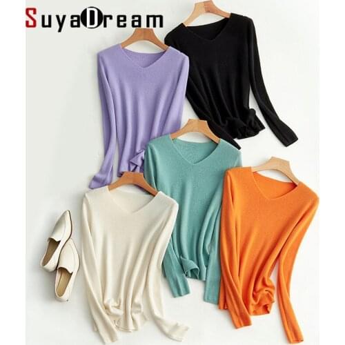 SuyaDream 2021 Winter 100%Wool V Neck Plain Pullovers 2021 Fall Winter Basic Sweaters for Woman Candy Colors