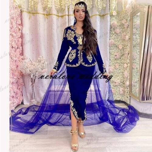 Dubai Muslim Evening Dress With Jacket 2021 Royal Blue Velvet Lace Appliques Mother Dress Suits Moroccan Kaftan Prom Party Wear
