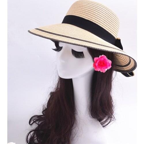 Fashion Casual Striped Straw Hat For Women Summer Hat Wide Brim Bowknot Beach Hat With Inside Wind Prevent Ribbon Sun Hat
