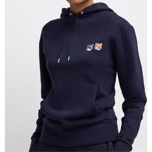 Womens Cotton Hoodies Double Fox Head Embroidery Drawstring Hooded Sweatshirt 2021 Early Autumn