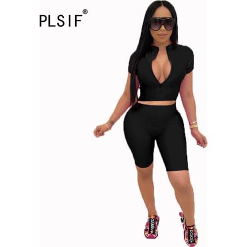 Young party women fashion simple pure color deep v neck short sleeve crop top and hot short 2 pieces sexy tight club outfits