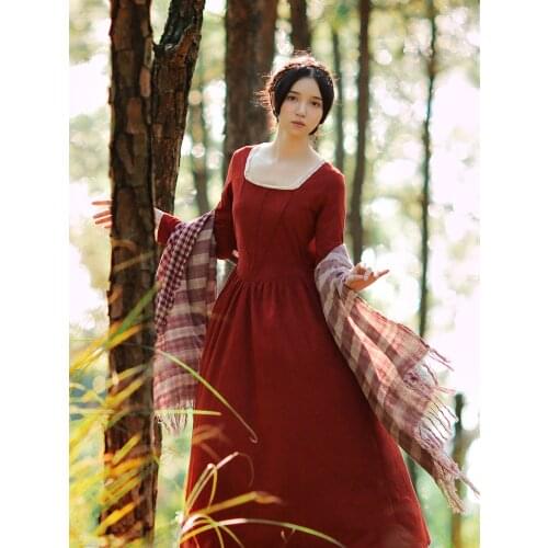 2019 new fashion womens vestidos Vintage court suede long sleeve square collar red long dress travel