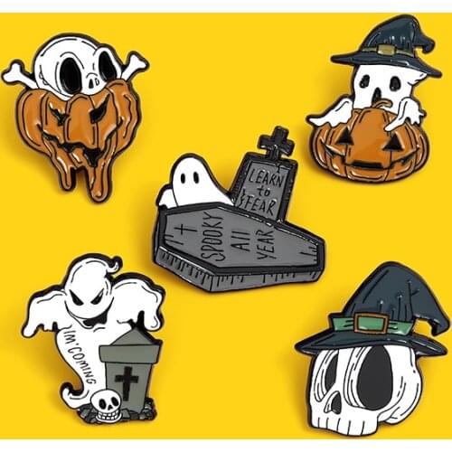 Halloween Enamel Pin Pumpkin Ghost Skeleton Skull Grave learn to fear Brooch Bag Lapel Pin Gothic Badge Jewelry Gift for Friends