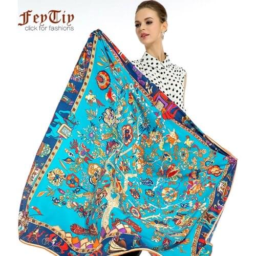 Large Hijab Twill Silk Scarf For Women Tree Print Square Shawls Head Scarfs Female 130cm*130cm Luxury Scarves For Ladies Stoles