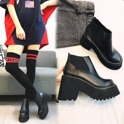 Korean chunky heels sewing platform botas mujer elastic winter snow ankle booties super high heels riding boots female shoes2020