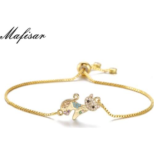 Mafisar 2021 Fashion Cute Cat Charm Bracelets For Women Girl 4 Colors Adjustable Chain Bracelet & Bangle AAA+ CZ Jewelry Femme