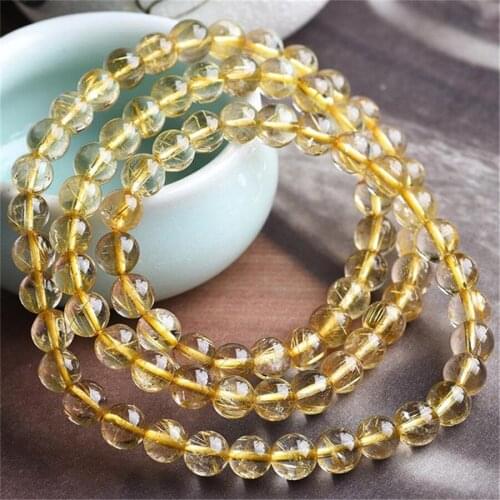 6MM Three laps Brazil Genuine Natural Yellow Gold Hair Rutilated Quartz Stone Round Crystal Bead Bracelet