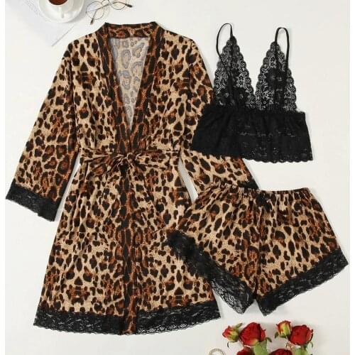 Sensual Leopard Satin Silk Pajamas Women Nightdress Mujer Sexy Lingerie Set Robes Underwear Sleepwear Cексуальное белье