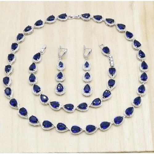 Royal Blue Semi-precious Silver Color Jewelry Sets for Women Water Drop Necklace Earrings Bracelet Gift Wedding Jewelry Gift