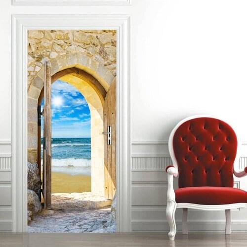 Creative Wooden Door with Sea View DIY Door Wall Stickers Home Decor Living Room Bedroom Porch Art Mural Peel & Stick Wallpape