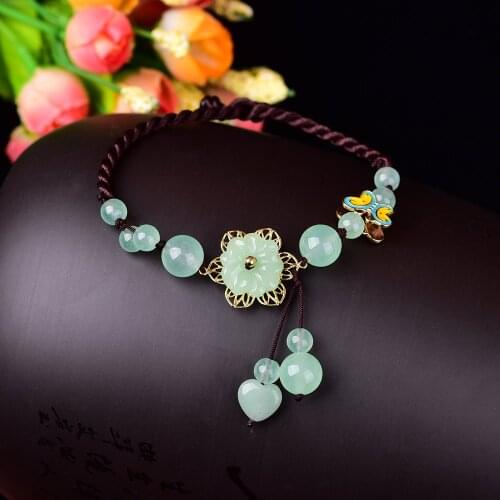 Retro Natural Green Jade Flower Adjustable Bracelet Anklet Charm Jewellery Fashion Hand Knitted Amulet Gifts Women Luck Bangle