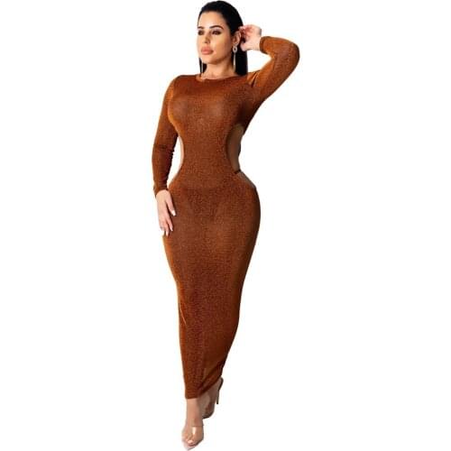 Sexy Mesh Sheer Glitter Long Maxi Dress Women Cut Out Waist Long Sleeve Bodycon Dress Night Club Evening Party Dress Vestidos