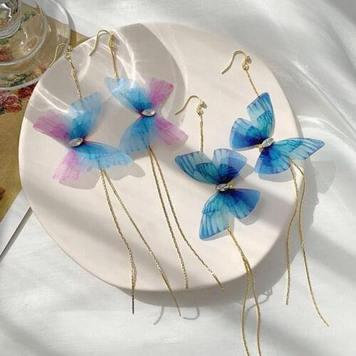 HangZhi 2020 New Trendy Long Tassel Transparent Yarn Blue Purple Butterfly Earring Drop Earring For Women Girl Party Hot Jewelry
