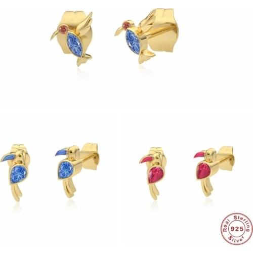 Aide 925 Sterling Silver Cute Bird Stud Earrings For Women Shiny Blue Rose Red Zircon Crystal Bird With Wing Ear Studs Jewelry