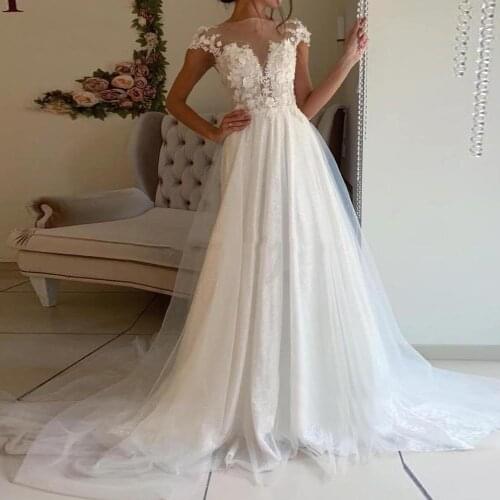 Illusion Boat Neck A-Line Wedding Dresses Appliques Tulle See Through Back Bridal Dresses Custom Made