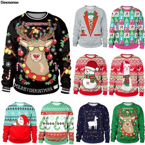 Men Women Christmas Ugly Sweater Funny Reindeer Holiday Party Xmas Crew Neck Sweatshirt Couple Pullover Christmas Jumpers Tops