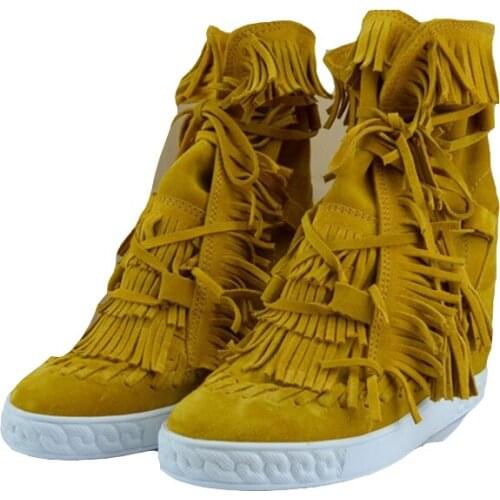 2021 Tassel Round Toe Suede Boots Leather Height Increasing Ankle Boots Fringed Lace Up Wedges Bottines