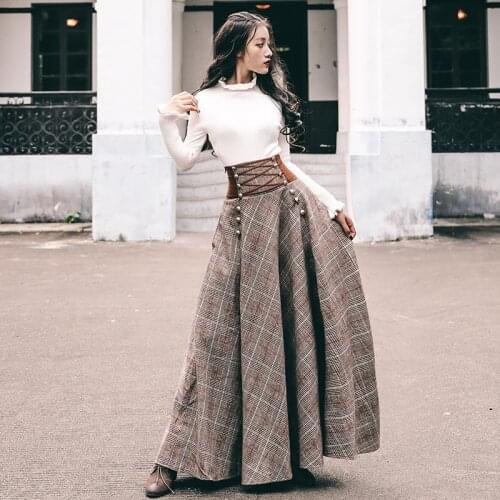 2021 New Autumn Women Skirts Vintage Elegant Tweed Houndstooth Skirt With Belt Fashion Office Ladies Chic Plaid Big Swing Skirt
