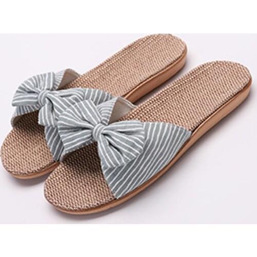 Womens Linen Flip Flops Casual EVA Striped Linen Slippers Women Slides Fashion Girls Bow Sandals Indoor Shoes Home Slippers