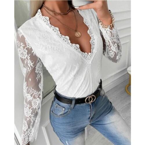 Ladies V Neck Shirts Hollow Out Blouse Elegant White Shirt New Fahion Women Long Sleeve Flower Lace Patchwork Tops Blusa Streetw