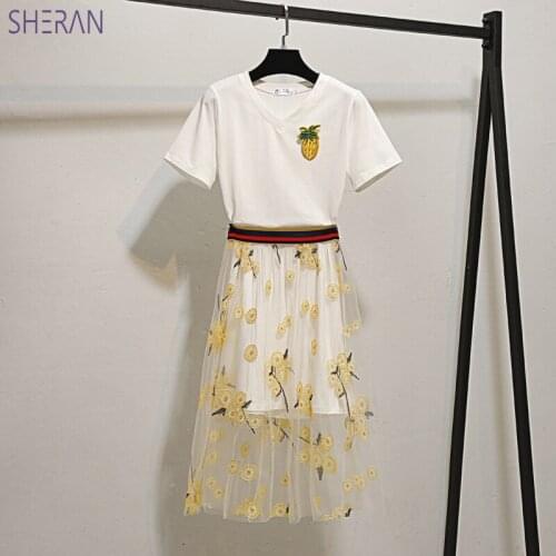 SHERAN 2 Piece Set Women Long T-shirt Mesh Skirt Female Summer 2pieces Woman 2piece Outfits Ropa Mujer Verano 2018 Short Tshirt