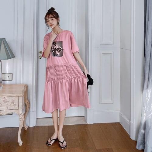 NYFS Summer Dress 2021 Korean New Cotton Short Sleeve Long Dress Vestidos Robe Elbise Loose Character printing Woman Dress