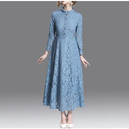 2019 New autumn lace Dress lady elegant temperament long dress peter pan collar long sleeve women dresses