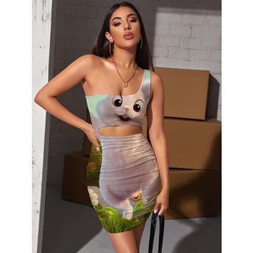 Giyu Brand Animal Dresses Women Rabbit 3d Print Flower Pleating Lovely Halter Sleeveless Womens Clothing Party Vintage Boho